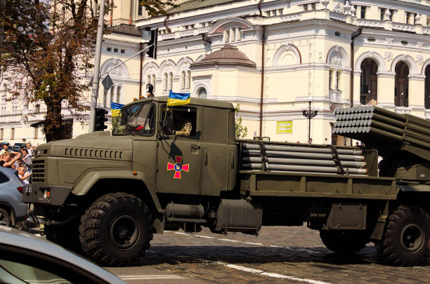 30 years independence day of ukraine. military vehicles of ukrainian army take part in parade. bastion-02-ukrainian multiple launch rocket system based on the kraz truck - mlrs imagens e fotografias de stock