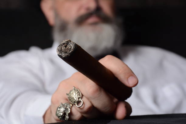 Elegant man wearing white shirt holds a smoking Cuban cigar Elegant man wearing white shirt holds a smoking Cuban cigar cuban man smoking big cigar stock pictures, royalty-free photos & images