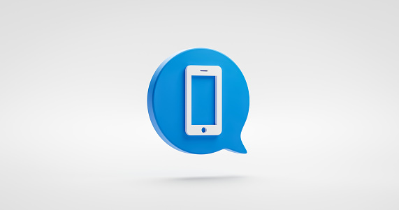 Blue smartphone icon or contact website mobile symbol isolated on classic communication telephone white background with phone service support hotline concept. 3D rendering.