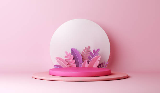 istock Pink circle podium decoration background with leaves, product display mock up, 3d rendering illustration 1336813390