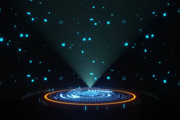 istock Futuristic Digital Technology HUD hologram portal podium stage spaceship 3D rendering 1336814653