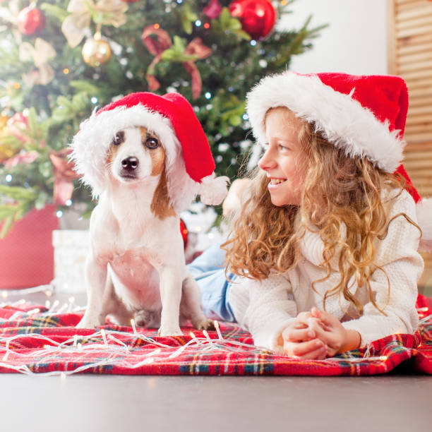 istock Child with dog near christmas tree 1336815796