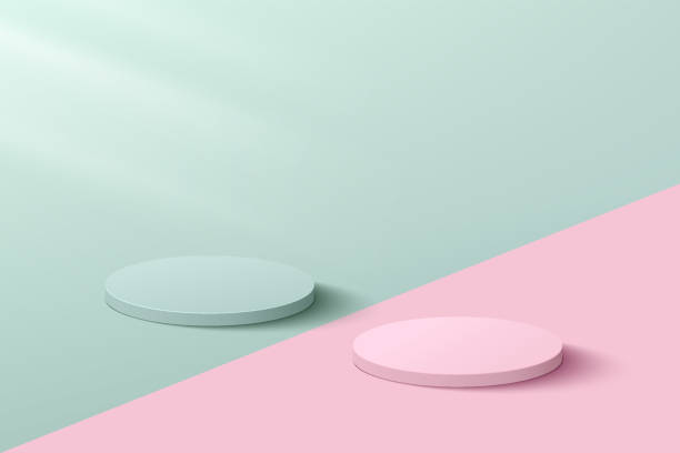 illustrations, cliparts, dessins animés et icônes de studio abstrait 3d avec podium sur piédestal. plate-forme géométrique rose pastel et vert clair sur un sol de couleur contrastée. scène murale minimale pour les produits cosmétiques, vitrine, étui de promotion. vecteur eps10. - two colors