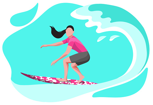 woman surfing in sea, ocean. Person wearing a swimsuit and holding a surfboard Summer sport, beach activity. 100% EPS vector