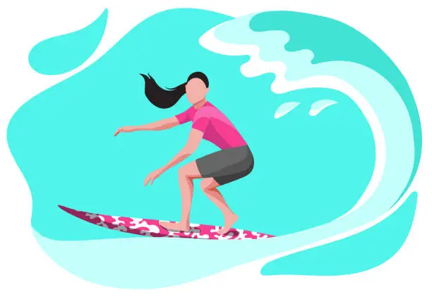 Vector illustration of woman surfing in sea, ocean. Person wearing a swimsuit and holding a surfboard Summer sport, beach activity. 100% EPS vector