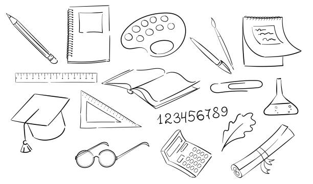 illustrations, cliparts, dessins animés et icônes de fournitures scolaires dans un contour noir. matières pour les classes scolaires. règles, calculatrice, lunettes, défilement, livre, carnet, crayon, stylo, pinceau, palette, bloc-notes - book black isolated on white note pad