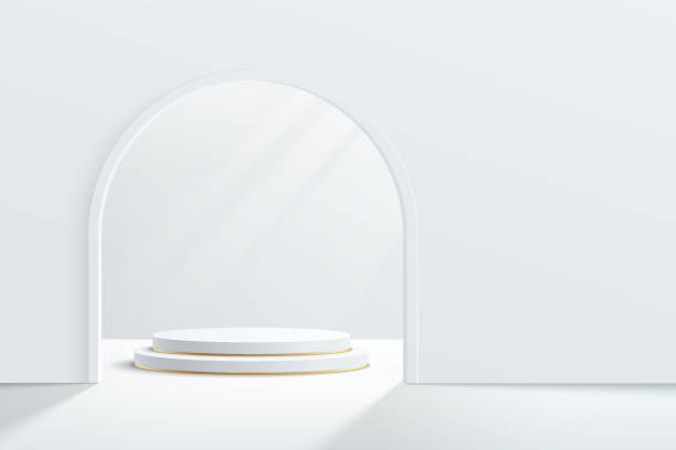 istock 3D vector abstract studio room with pedestal podium. White and gold geometric platform with door arch shape. Luxury scene for demonstration of cosmetic products. Showcase, Mock up, Promotion display. 1336818252