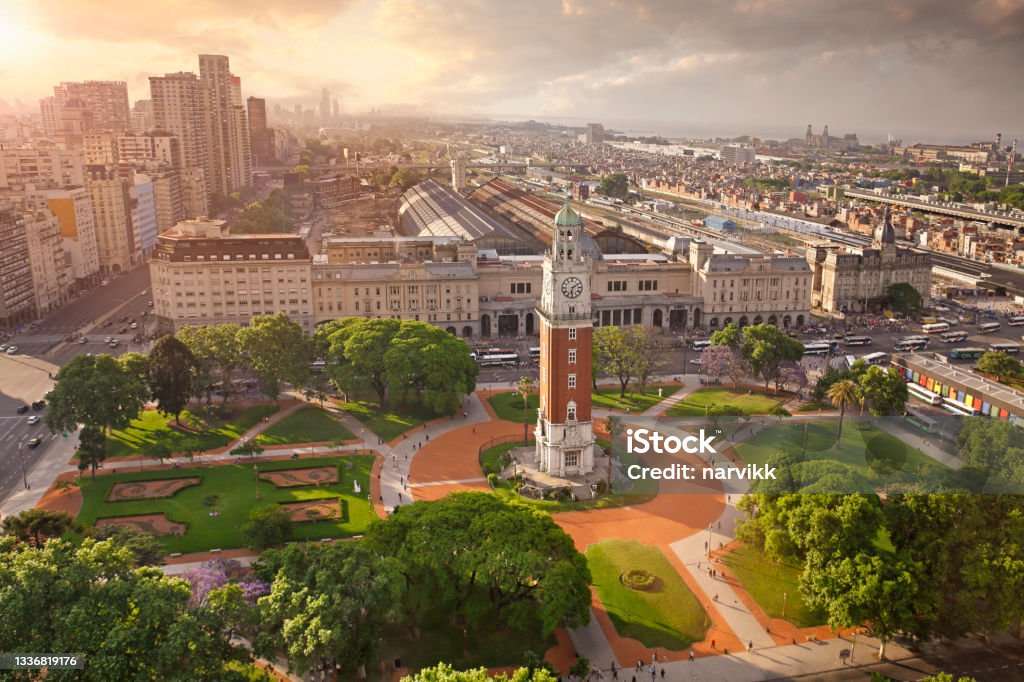 Torre Monumental at Plaza Air Force in Buenos Aires Aerial view of Torre Monumental ( English Clock Tower) in Plaza Fuerza Aérea Argentina and the Retiro Railway Station. Buenos Aires Stock Photo