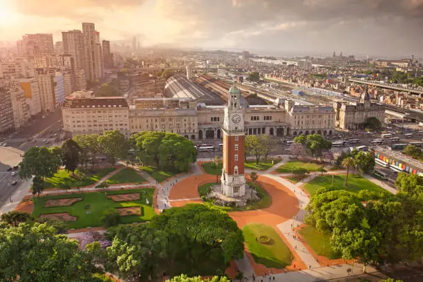 Aerial view of Torre Monumental ( English Clock Tower) in Plaza Fuerza Aérea Argentina and the Retiro Railway Station.