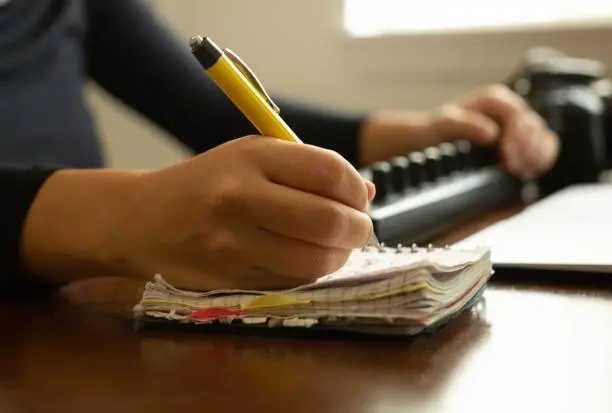 A woman writing down ideas and researching with her computer. Calculating finances at home in the office.