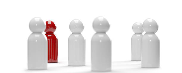 3D rendered Pawn pieces in Leadership concept: Illustration of red leader and many white chess figures on game board. Leading a group to financial success in business. Winning or losing the game.