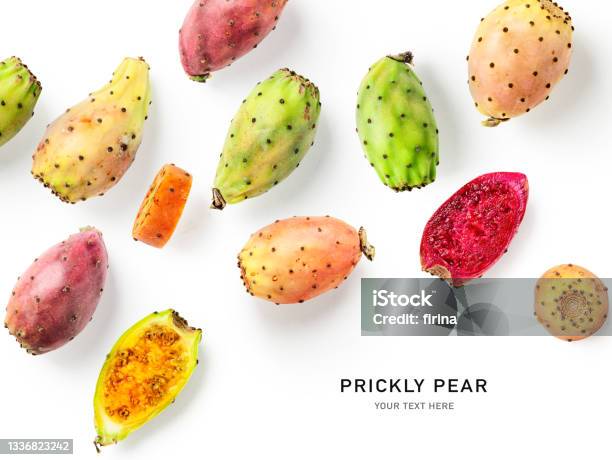 Prickly Pear Cactus Fruits Creative Layout Stock Photo - Download Image Now - Prickly Pear Cactus, White Background, Above