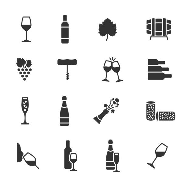 ilustrações, clipart, desenhos animados e ícones de conjunto vetorial de ícones de vinho. - computer icon symbol cork wine