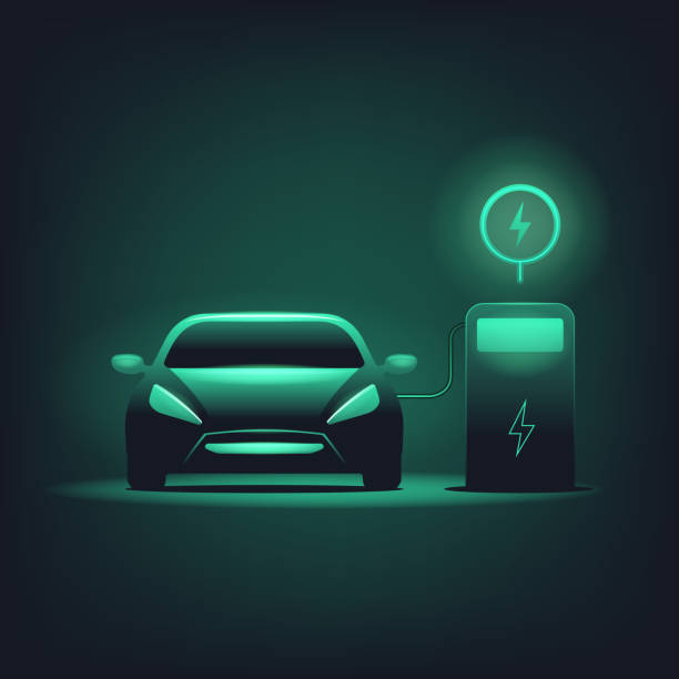 Electric car with green glowing on dark background. EV charge station. Electric car with green glowing on dark background. EV charge station. electric plug dark stock illustrations