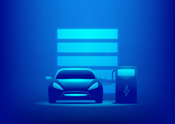 EV Car or Electric charging at the charger station with the power cable supply plugged in on blue background. EV Car or Electric charging at the charger station with the power cable supply plugged in on blue background. electric plug dark stock illustrations