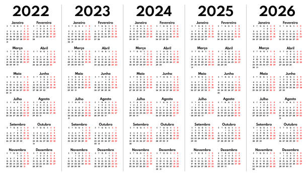 2022 2023 2024 2025 2026 포르투갈어 월간 달력 그리드, 벡터 템플릿 - 포르투갈어 일러스트 stock illustrations