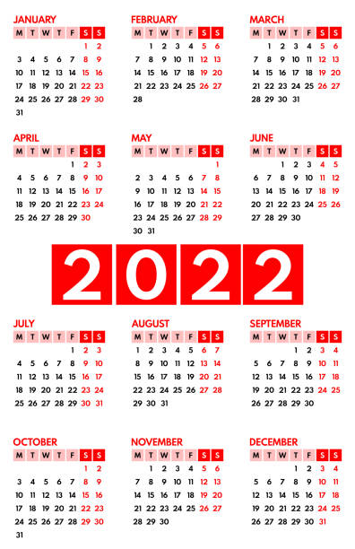 istock 2022 pocket calendar, first day monday, two weekends, red color on white background, vertical layout, vector illustration 1336832552