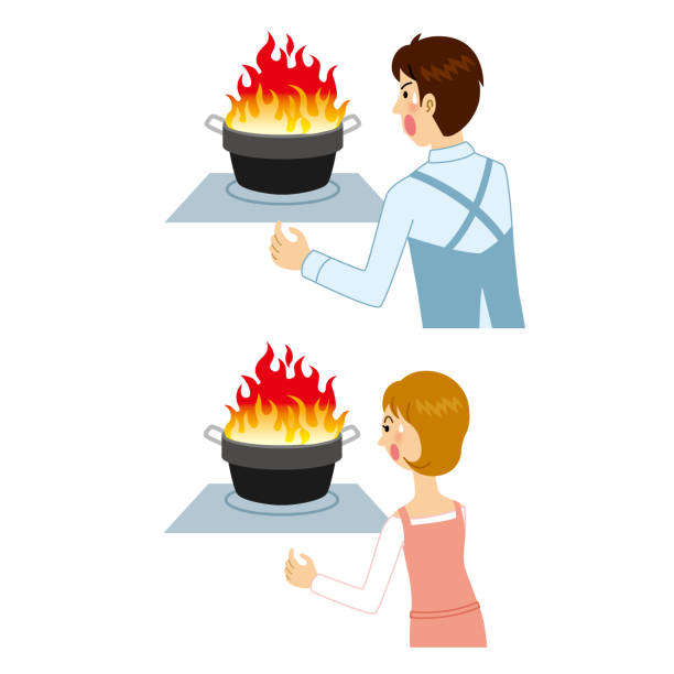Kitchen accident Men and women who are impatient when the tempura pot becomes a fire woman smoking pot stock illustrations