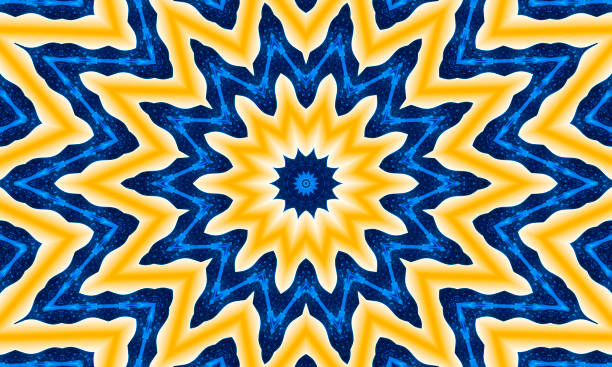 istock High-quality peach star flower on blue abstract kaleidoscope background. Beautiful multicolor kaleidoscope texture. Unique generic kaleidoscope design. Best background artwork for images and videos. 1336832962