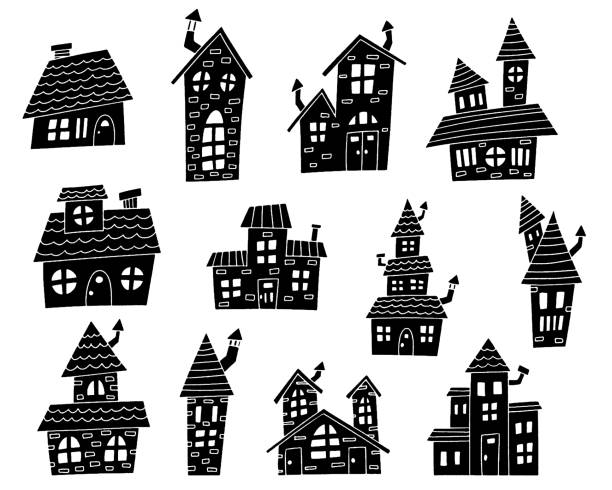 silhouette illustration of a deformed house. - haunted house stock illustrations