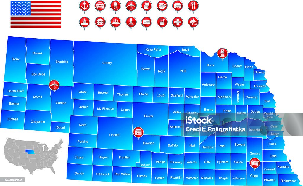 Mapa Stan Nebraska - Grafika wektorowa royalty-free (Stan Nebraska)