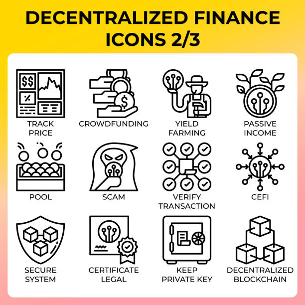 Decentralized finance (DeFi) icon set Decentralized finance (DeFi) icon set in modern style for ui, ux, web, app, brochure, flyer and presentation design, etc. keep calm and stock illustrations