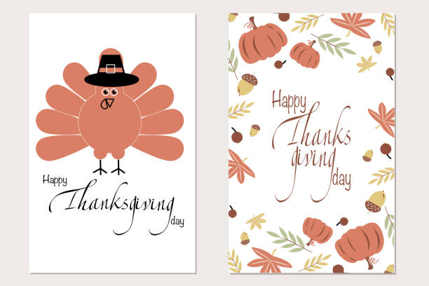 istock Vector set of Thanksgiving greeting cards and invitations with with lettering Happy Thanksgiving day and cute Turkey on white background. Vector illustration. 1336835053