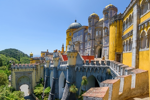 Pena Palace, Portugal - August 28, 2021: A view of the famous Pena Palace in Sintra, Portugal.