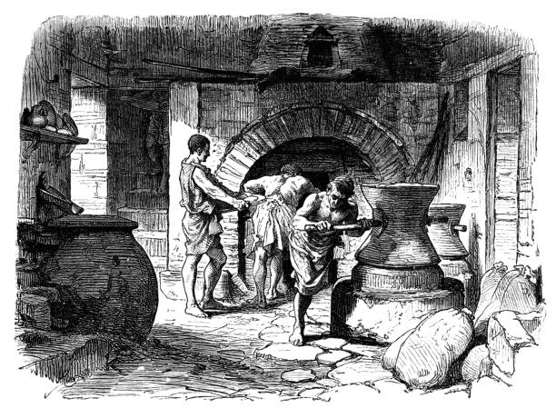римские люди помпеи пекут хлеб в пекарне 79 г. н.э. - working illustration and painting engraving occupation stock illustrations