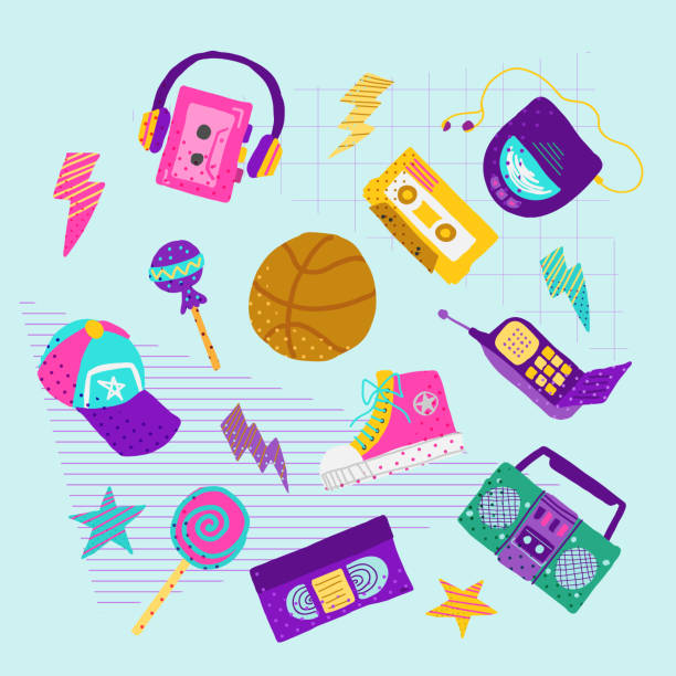 ilustrações de stock, clip art, desenhos animados e ícones de hand drawn flat nostalgic 90s element set vector illustration - memphis tennessee audio