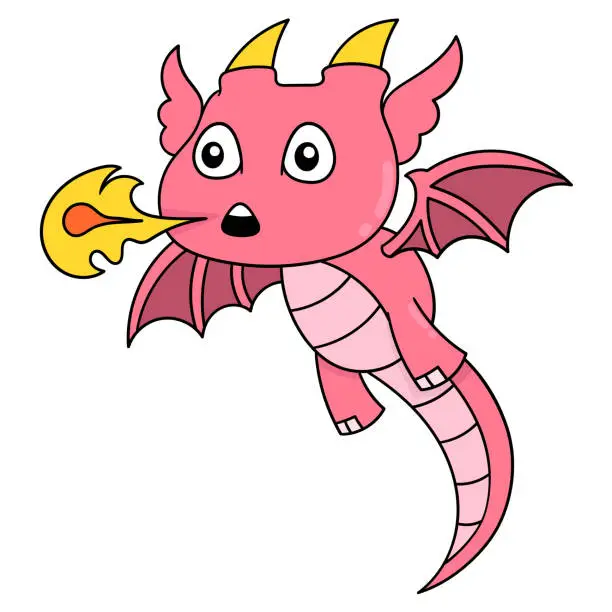 Vector illustration of the red dragon cub is flying spitting fire, vector illustration art. doodle icon image kawaii.