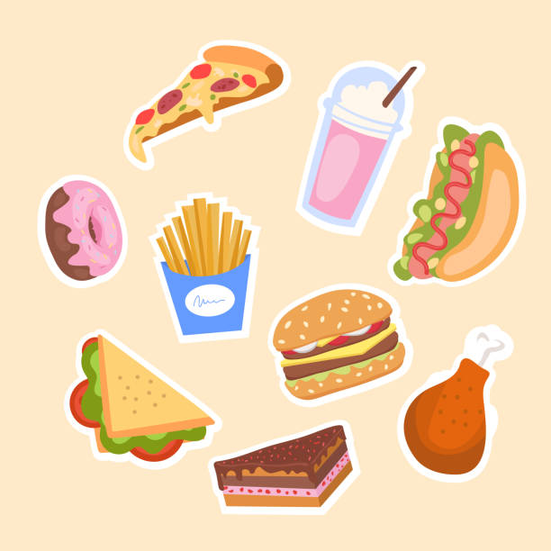 Set of unhealthy junk food Set of unhealthy junk food. Fastfood and sweets icons. Design element for cafe menus. Pizza, burger, donut and cocktail. Flat vector collection illustration in white frame isolated on pink background unhealthy eating stock illustrations