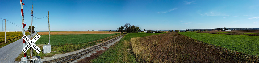 Panorama of Farm Countryside With one Lonely Rail Road Track Running Thru it
