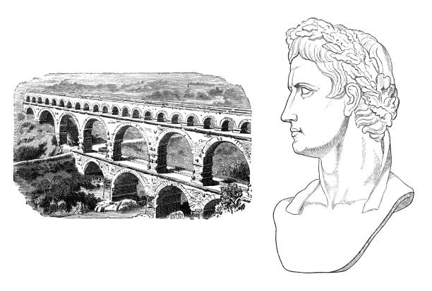 ilustraciones, imágenes clip art, dibujos animados e iconos de stock de retrato del emperador romano césar augusto con acueducto - roman aqueduct