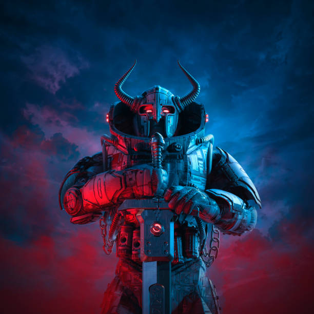 Futuristic viking warrior 3D illustration of science fiction barbarian robot knight with horned helmet and battle sword against dark ominous sky fictional being stock pictures, royalty-free photos & images