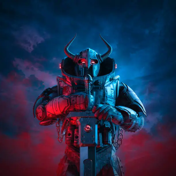 3D illustration of science fiction barbarian robot knight with horned helmet and battle sword against dark ominous sky