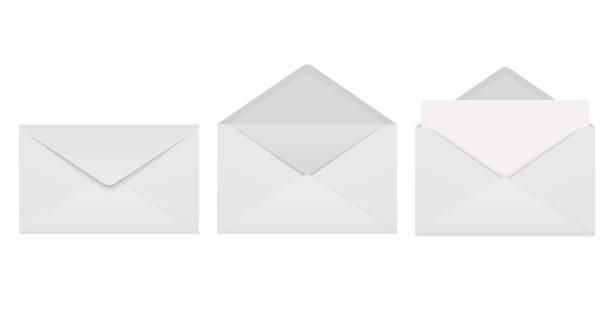 ilustrações, clipart, desenhos animados e ícones de conjunto de envelopes de papel branco em branco em posição aberta, fechada, com folha de papel - stationary sheet template paper