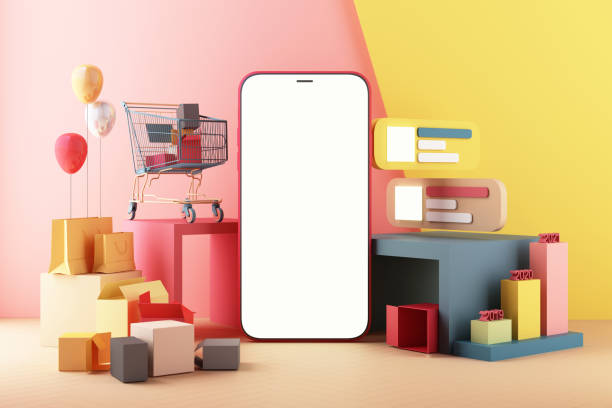 istock Mobile phone represent of .Shopping Online on Website or Mobile Application screen Concept Marketing and Digital marketing, on colors pastel with Communication bar and statistics bar 3d rendering 1336862734