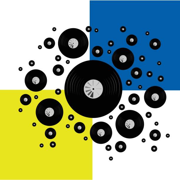 sztuka z płyt winylowych w chaotyczny sposób w stylu pop artu, muzyczna tapeta retro, ilustracja rozrzuconych płyt do publikacji i druku muzyki - record turntable disc jockey pop art stock illustrations