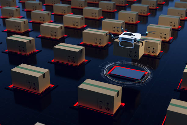 istock Automatic transferring system of logistics stock and warehouse, automatic drone picking parcel box to warehouse system 1336863953