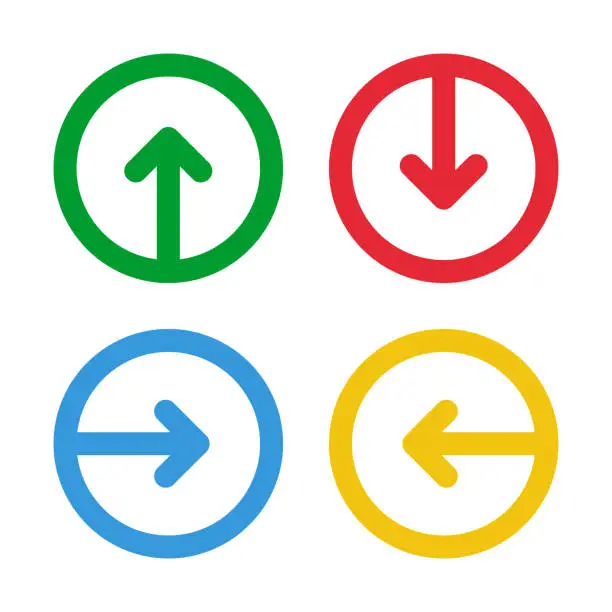 Vector illustration of green up red down blue right yellow left arrows, round thin line vector signs