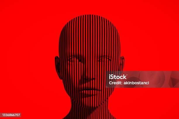 3d Layered Striped Shape Cyborg Head Stock Photo - Download Image Now - Artificial Intelligence, Psychedelic, Human Face