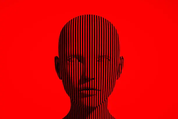 3D rendering of Layered Striped Shape Cyborg Head. Red Background.