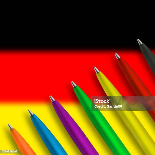 Seven Pencils And German Flag Stock Photo - Download Image Now - 2021, Agreement, Black Color