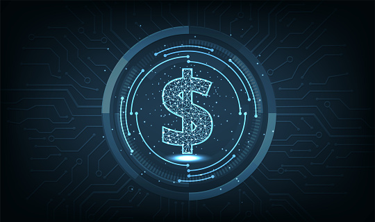 Digital dollar sign icon.Financial Internet Technology Concept or FinTech on dark blue technology background.