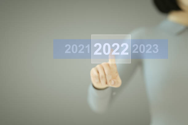 istock 2022 New Year, Business woman pressing button on touch screen 1336870326
