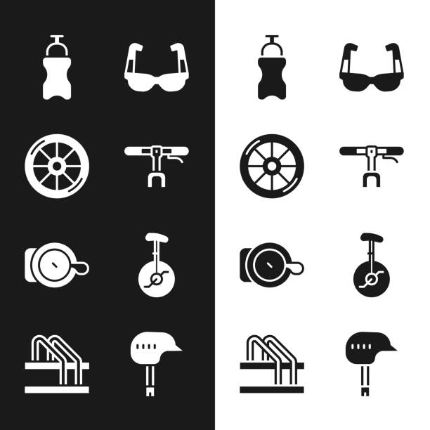 ilustrações de stock, clip art, desenhos animados e ícones de set bicycle handlebar, wheel, sport bottle with water, cycling sunglasses, bell, unicycle one bicycle, helmet and parking icon. vector - bicycle sport tire single object