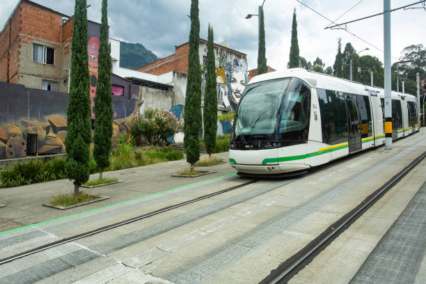 Line T of the Ayacucho Tram is a tram line, with technology used as a medium capacity mass transportation system Medellín, Antioquia / Colombia - August 15, 2021. The city's tram is a means of rail, urban and electric passenger transport metro medellin stock pictures, royalty-free photos & images