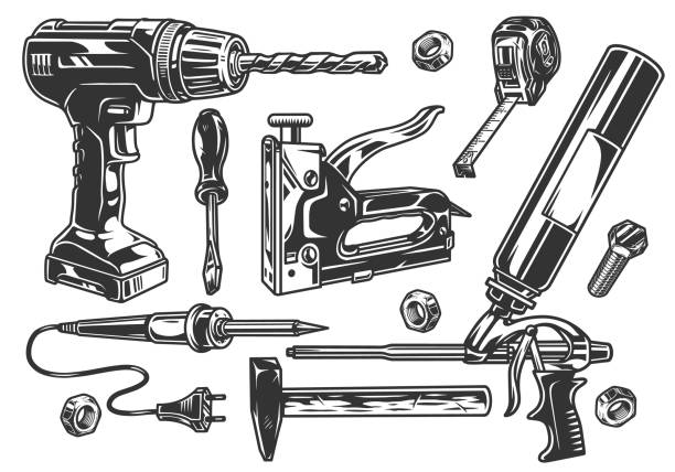 illustrazioni stock, clip art, cartoni animati e icone di tendenza di set monocromatico di strumenti di costruzione - soldering iron illustrations