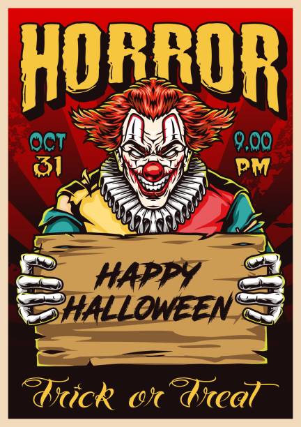 illustrations, cliparts, dessins animés et icônes de joyeuse affiche vintage colorée d’halloween - clown evil horror spooky